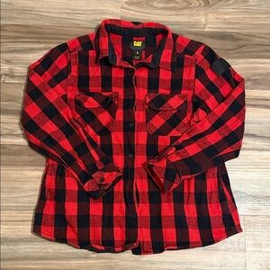 CAT Caterpillar Plaid Flannel Shirt Men’s L Red Black Checkered Button Workwear